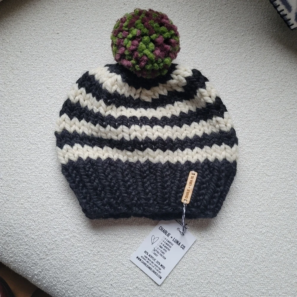 Charlie‎ + Luna, Beanie with Pom, Cream/Black/Green/Purple, Kids- Preteen Size